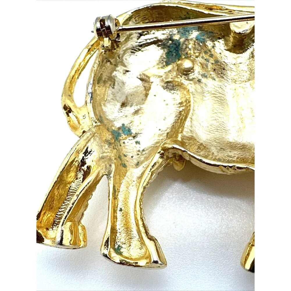 Vintage Indian Elephant Brooch Diamond Pattern Green Enamel Gold Tone Pin 3
